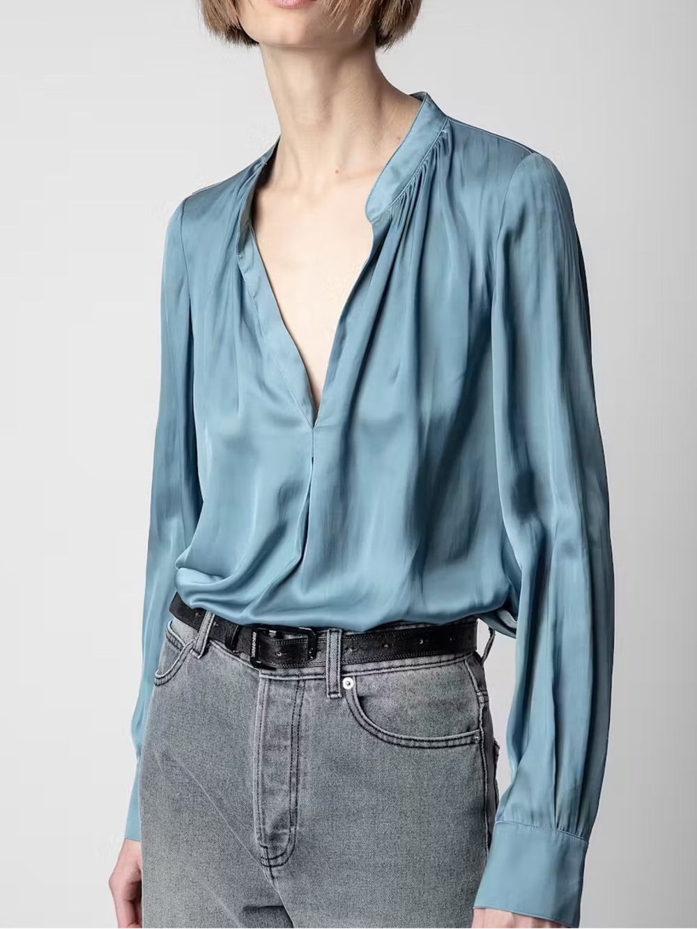 Slate Blue Tink Satin V-Neck Long-Sleeve Pleated Women's Blouse